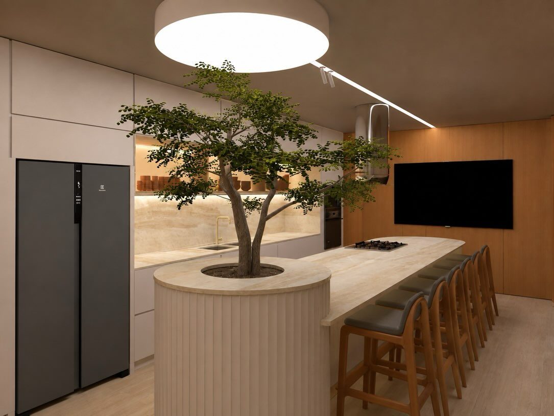 Cozinha com árvore no showroom Explan